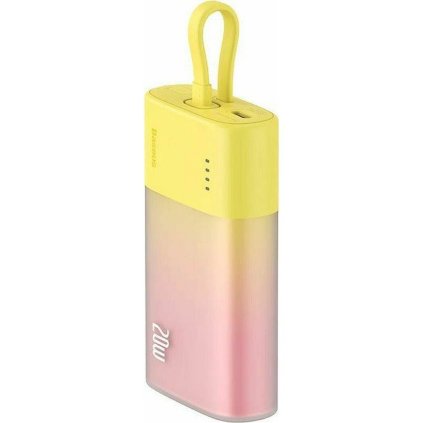 BASEUS powerbank 5200 mAh s vestavěným Lightning kabelem + Type C až Type C PD QC kabel 2,4A 20W PPKDC05I žlutá růžová