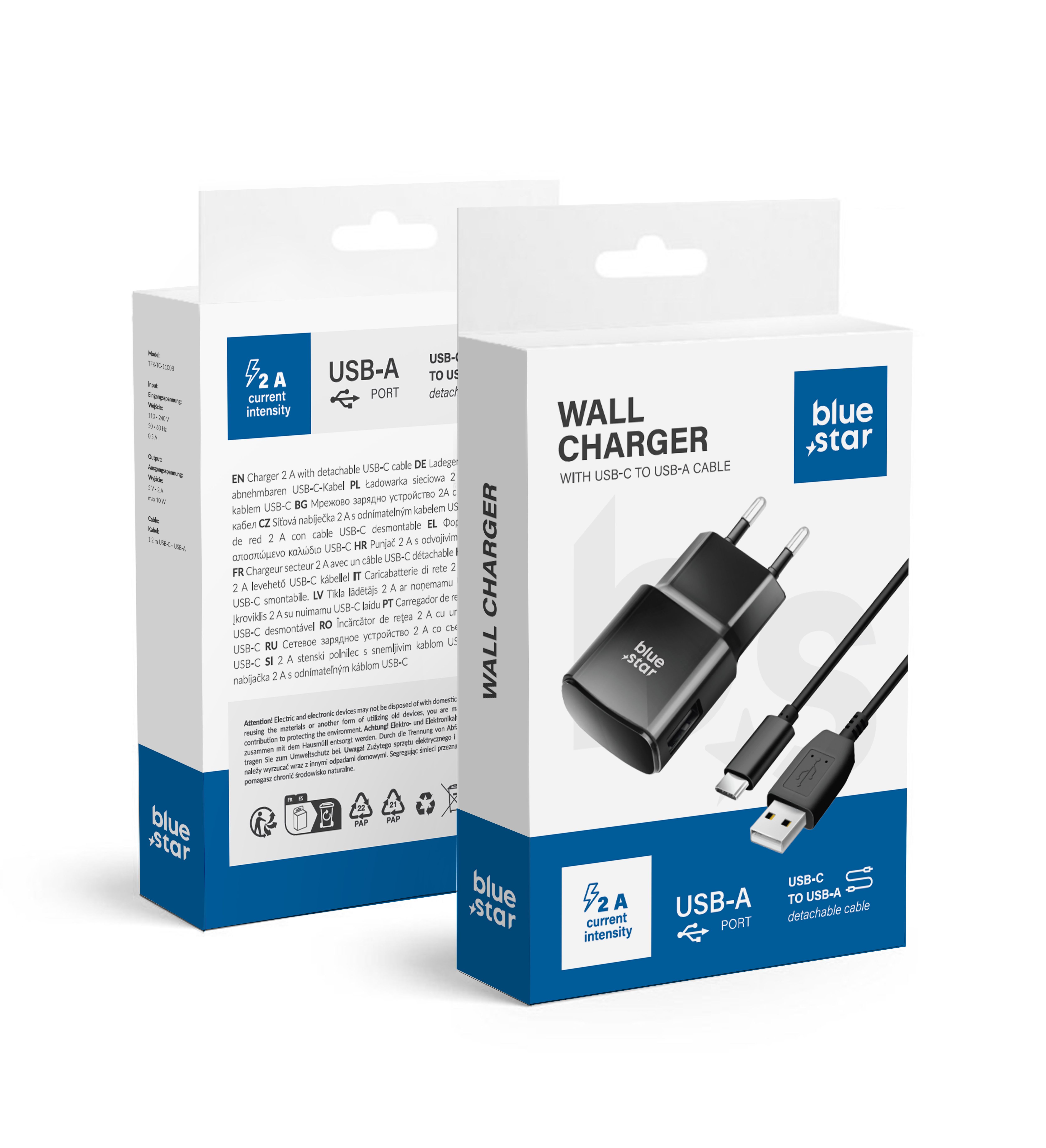 Cestovní Nabíječka Blue Star do sítě s odnímatelným USB->C kabelem / 2A