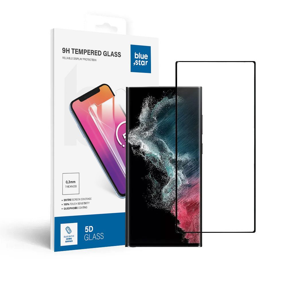 Tvrzené sklo Blue Star 5D - Samsung Galaxy S22 Ultra  (full glue/case friendly) - černé