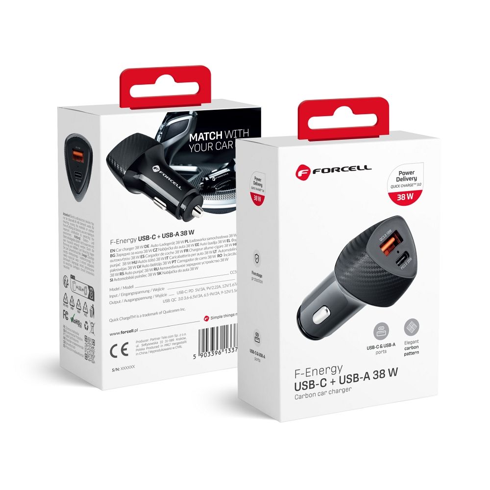 Nabíječka do auta FORCELL CARBON Typ C 3.0 PD20W + USB QC3.0 18W 5A CC50-1A1C černá (Total 38W)