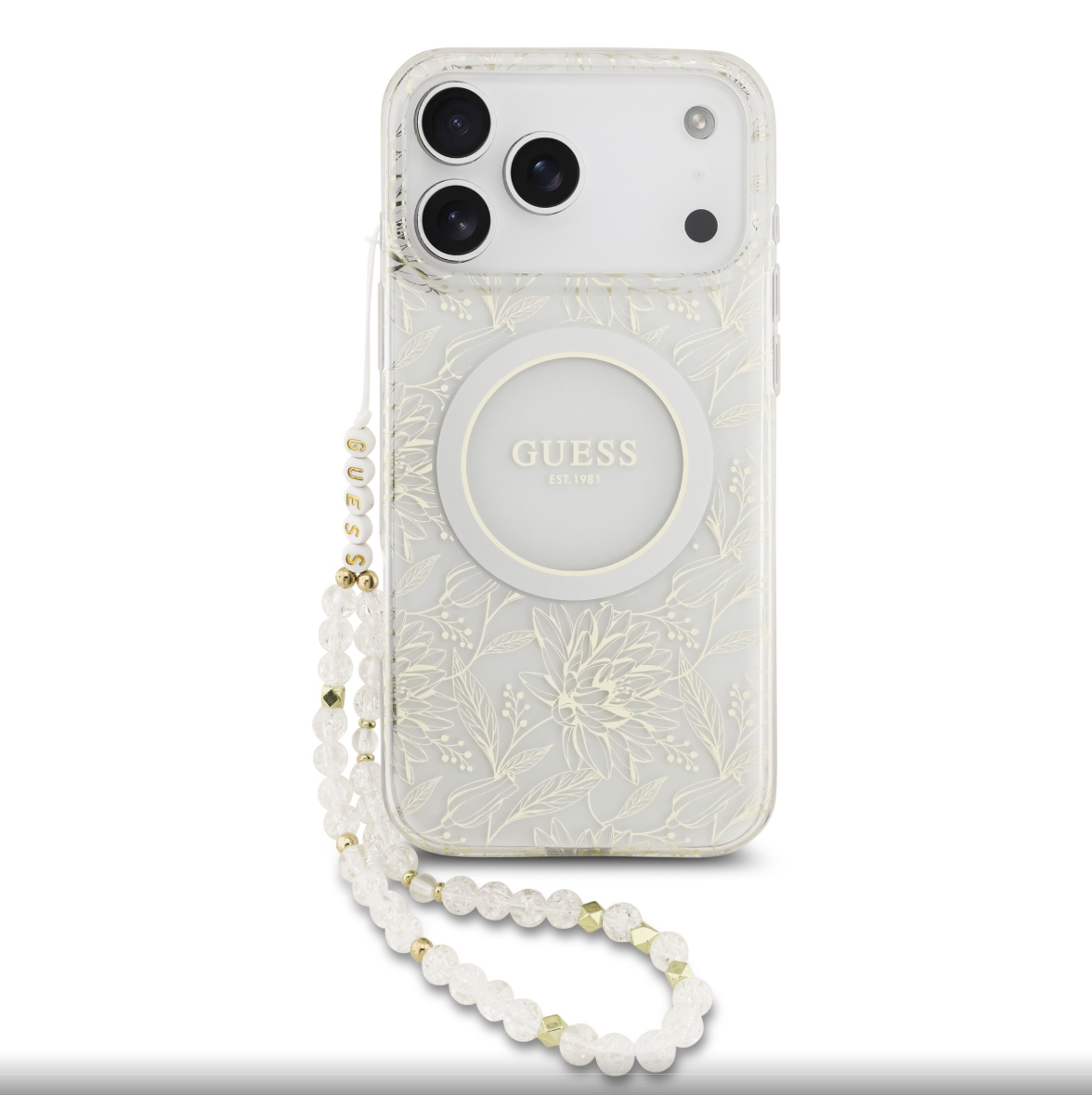 Guess IML Flowers Allover Strap MagSafe kryt iPhone 17 Pro Max bílý