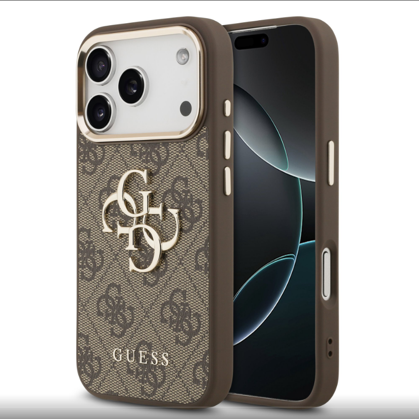 Guess PU Leather 4G Metal Logo Gold Frame MagSafe kryt iPhone 17 Pro hnědý