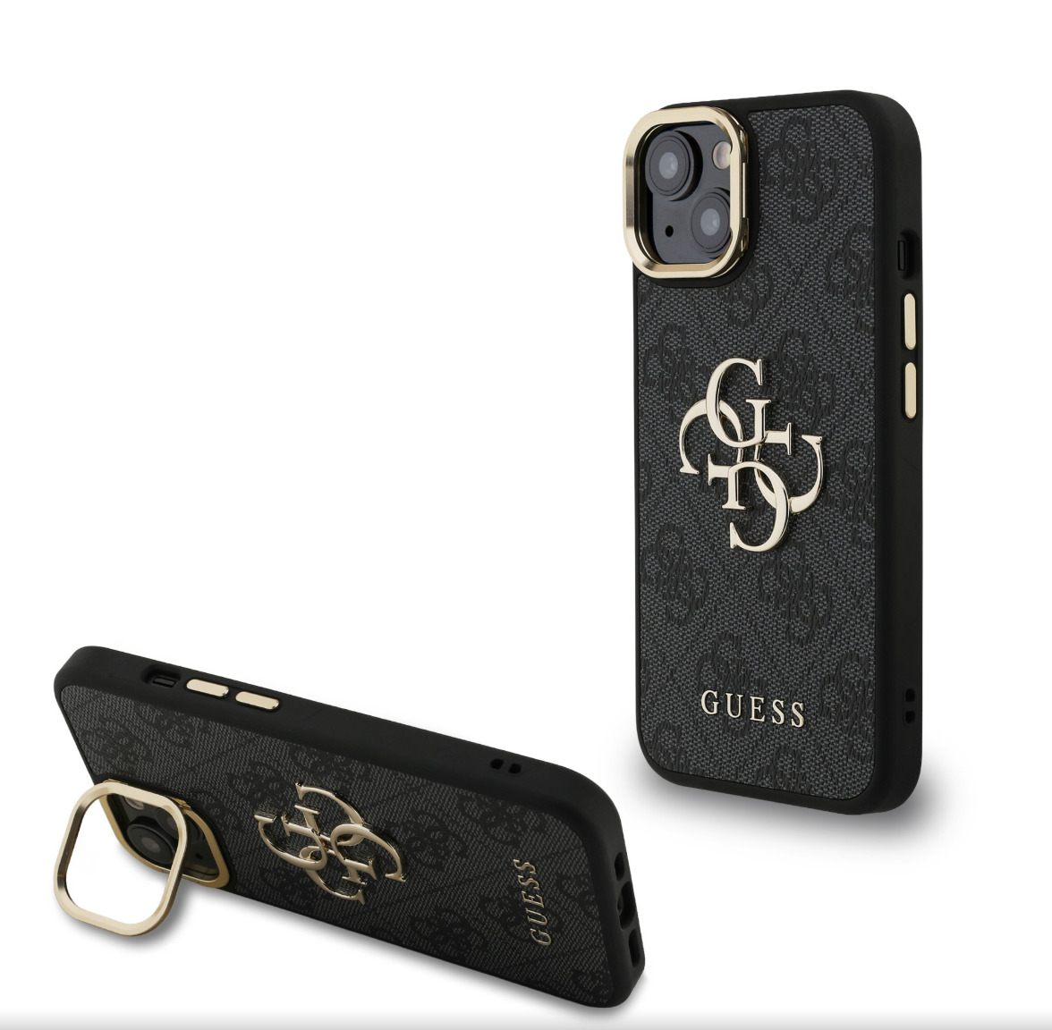 Guess PU 4G Metal Logo Stand Camera Frame kryt iPhone 13 černý