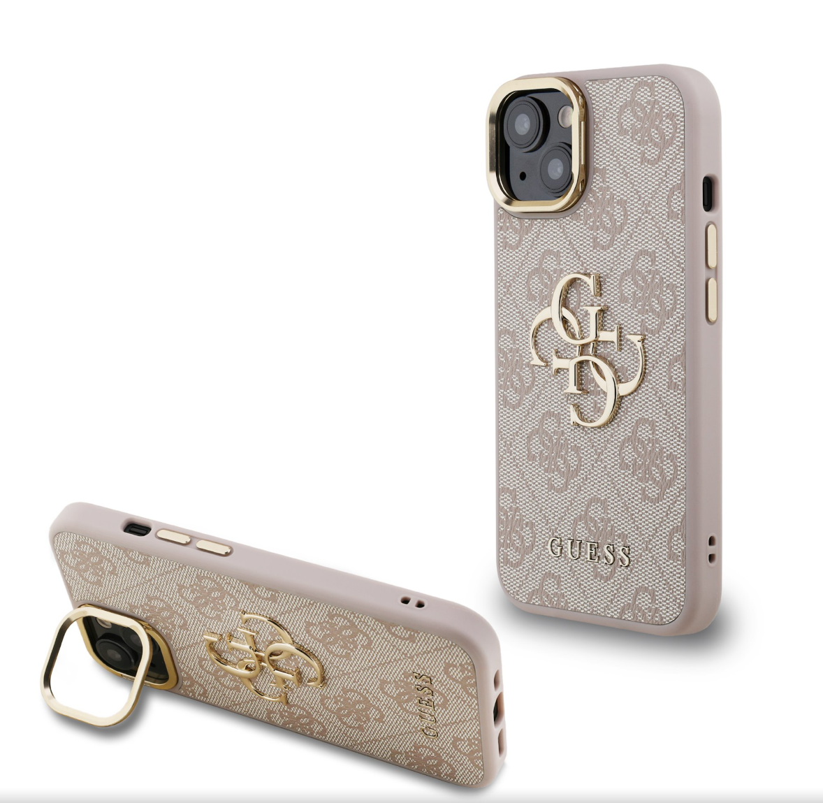 Guess PU 4G Metal Logo Stand Camera Frame kryt iPhone 13 růžový