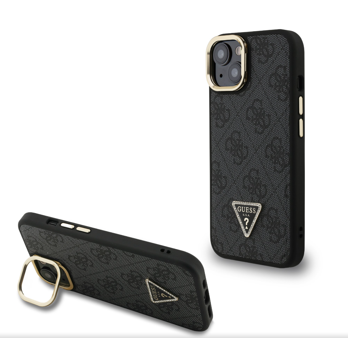 Guess PU 4G Strass Triangle Logo Stand Camera Frame MagSafe kryt iPhone 13 černý