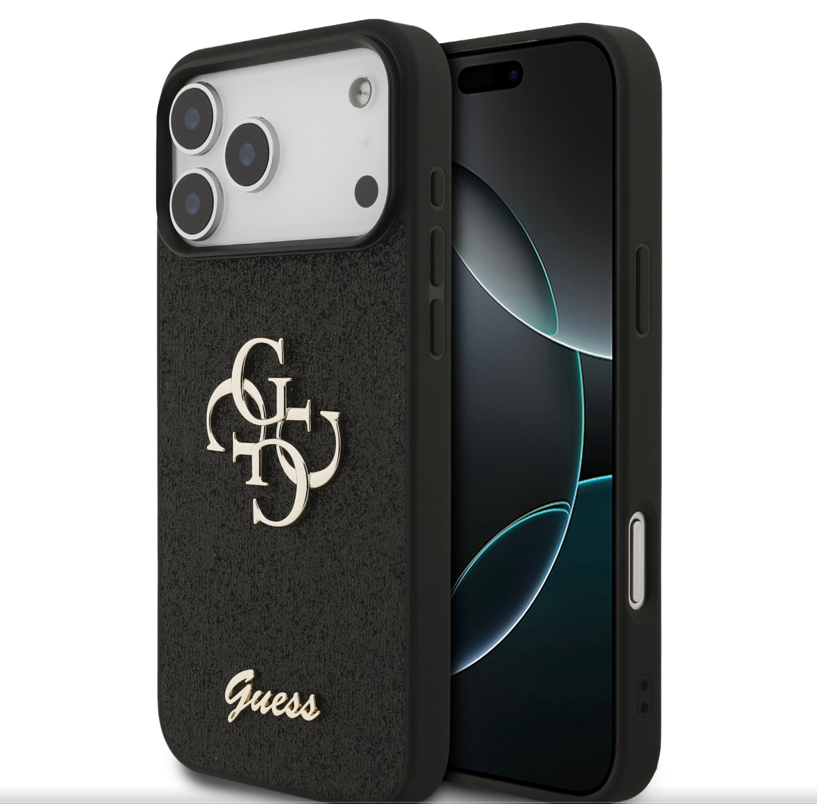 Guess PU Fixed Glitter 4G Metal Logo kryt iPhone 17 Pro Max černý