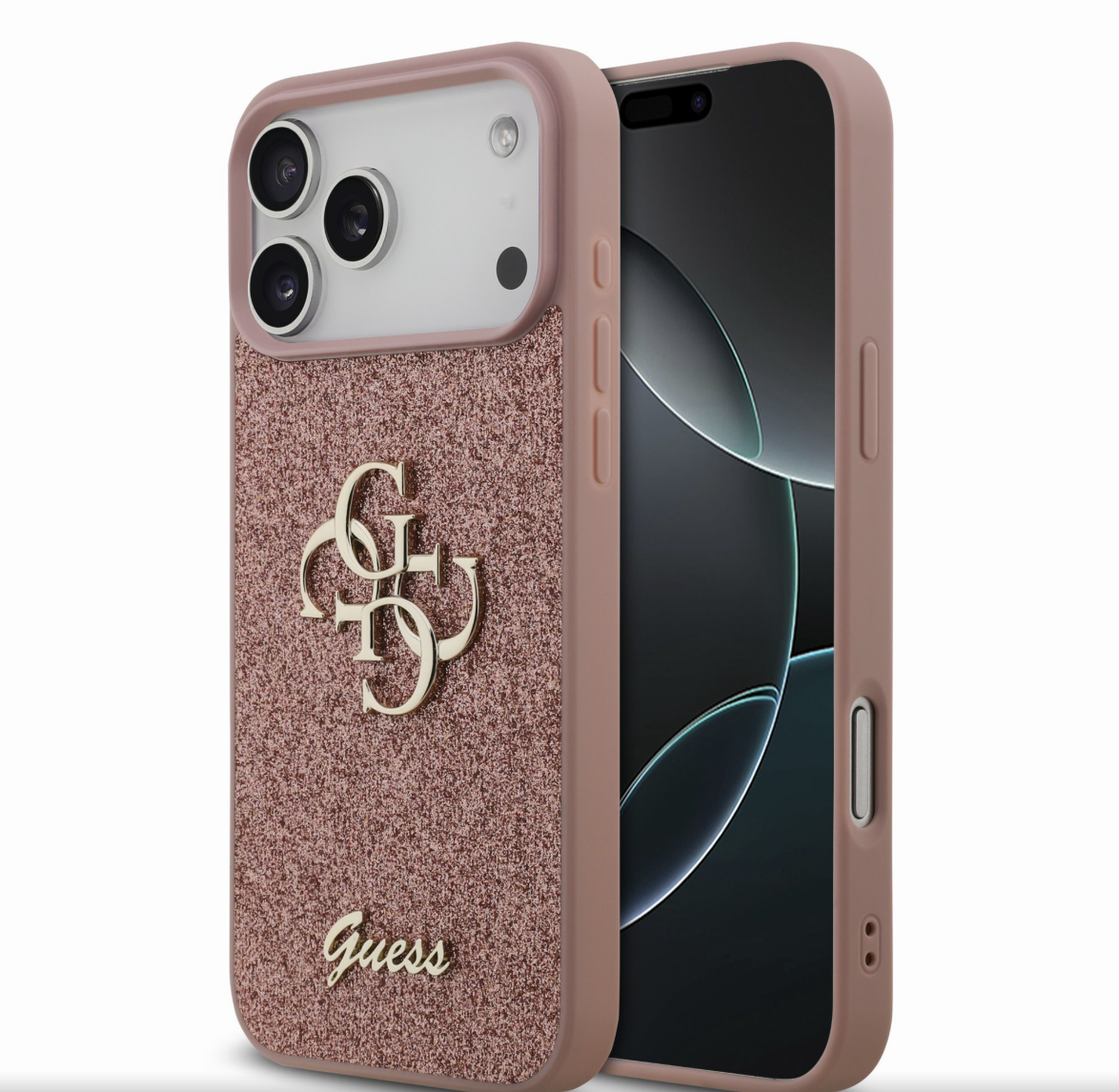 Guess PU Fixed Glitter 4G Metal Logo kryt iPhone 17 Pro Max růžový