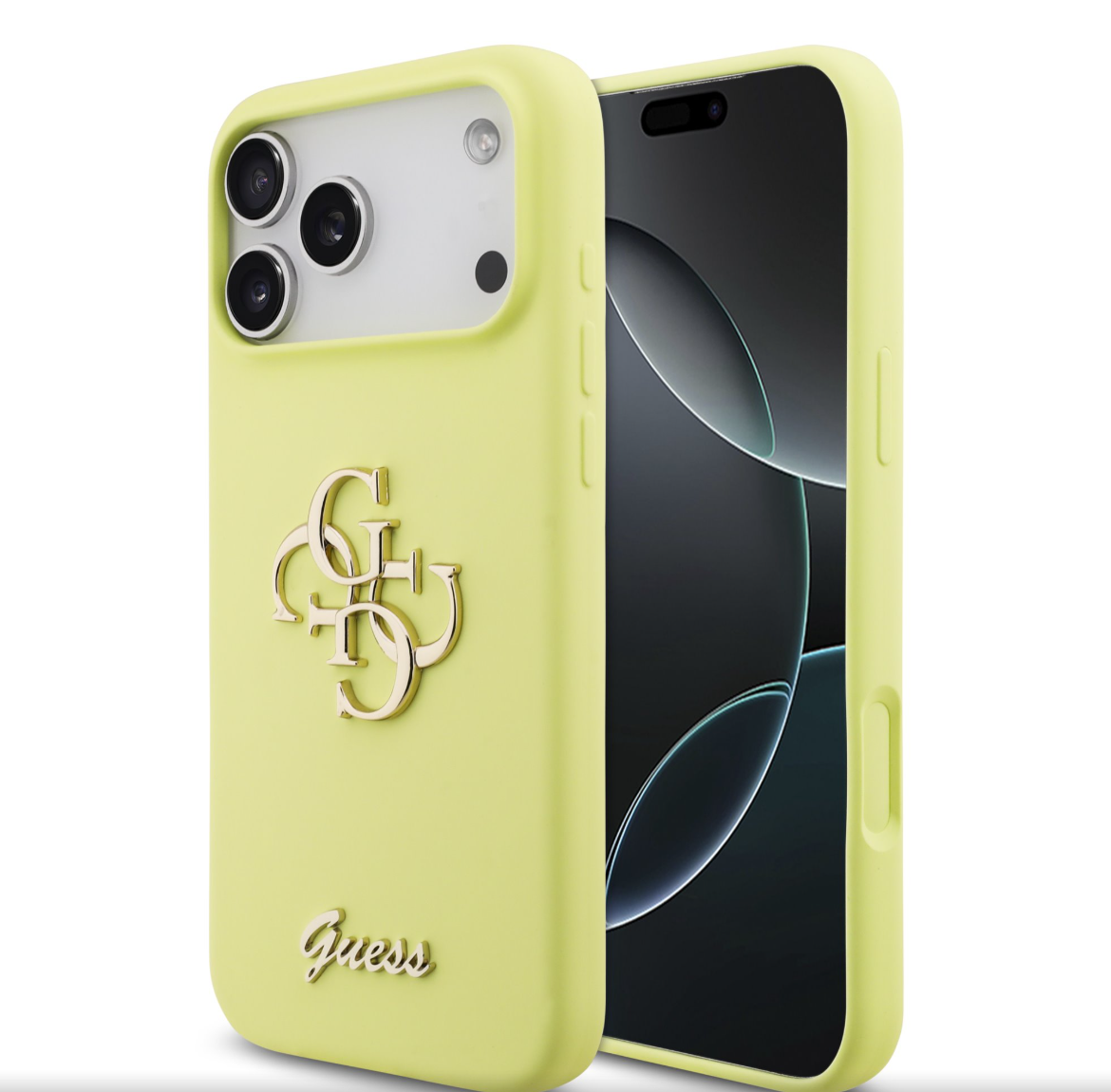 Guess Liquid Silicone 4G Metal Logo kryt iPhone 17 Pro Max žlutý