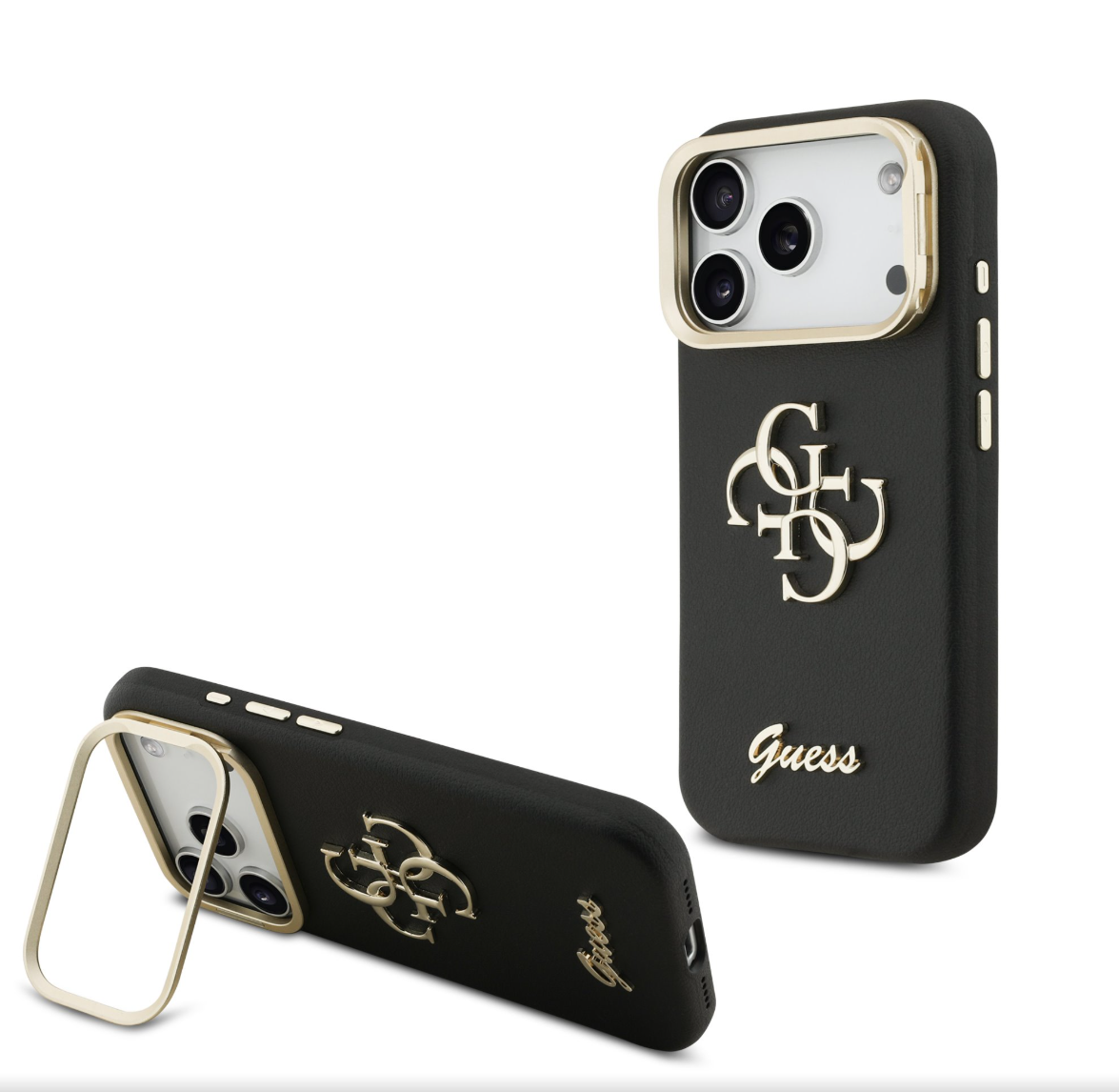 Guess PU Grained 4G Logo Stand Camera Frame kryt iPhone 17 Pro černý