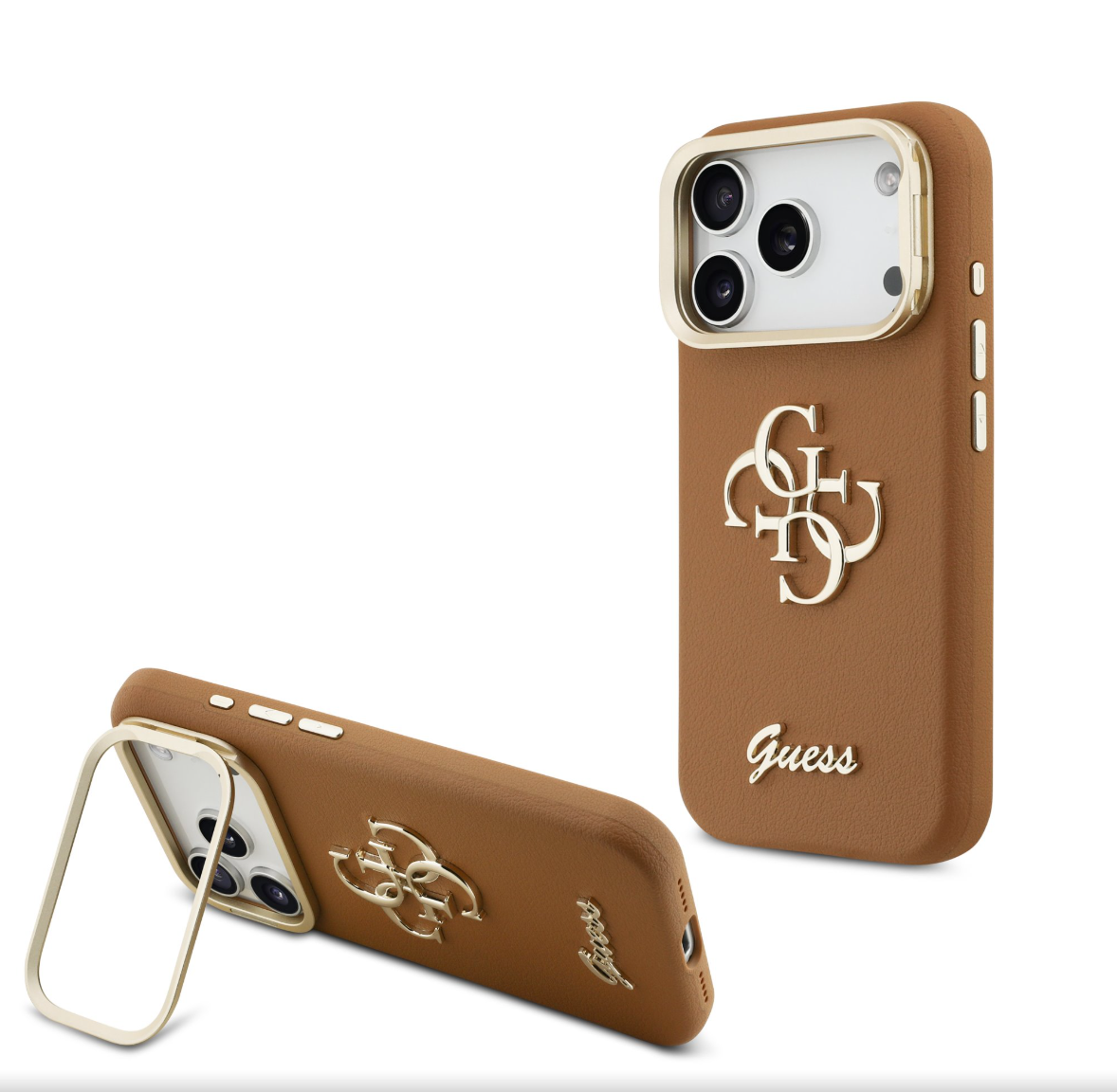 Guess PU Grained 4G Logo Stand Camera Frame kryt iPhone 17 Pro hnědý