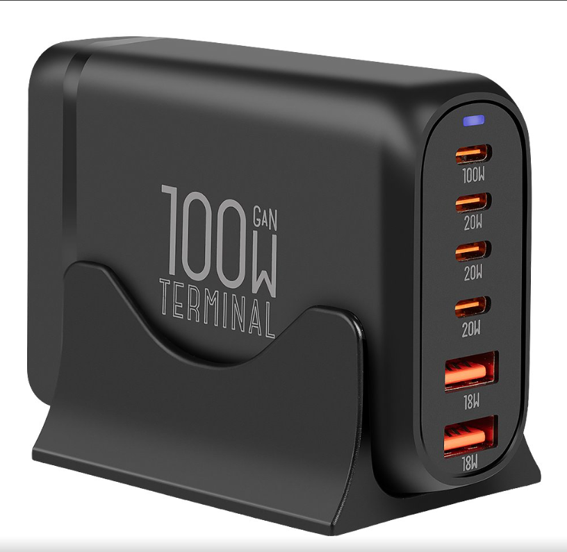 OBAL:ME Terminal GaN stolní nabíječka 4× USB-C + 2× USB-A 100W – černá