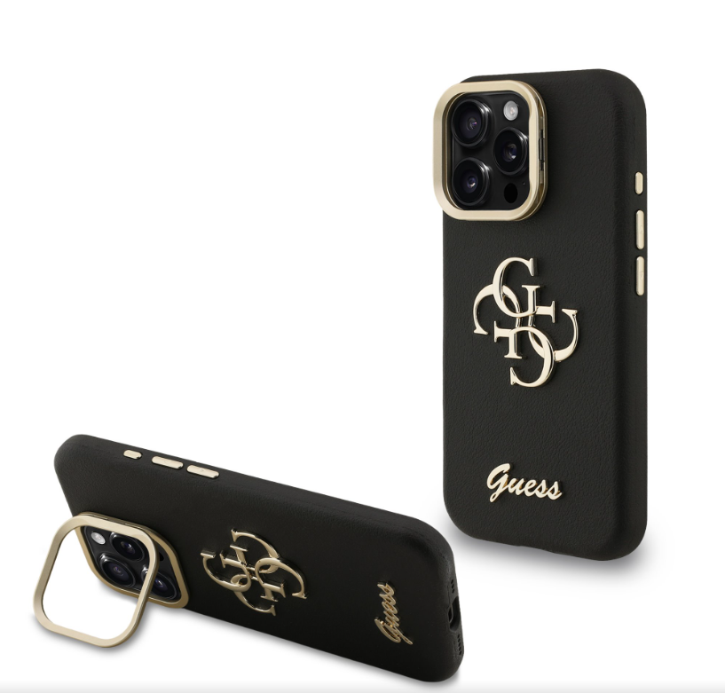 Guess PU Grained 4G Logo Stand Camera Frame kryt iPhone 15 Pro černý