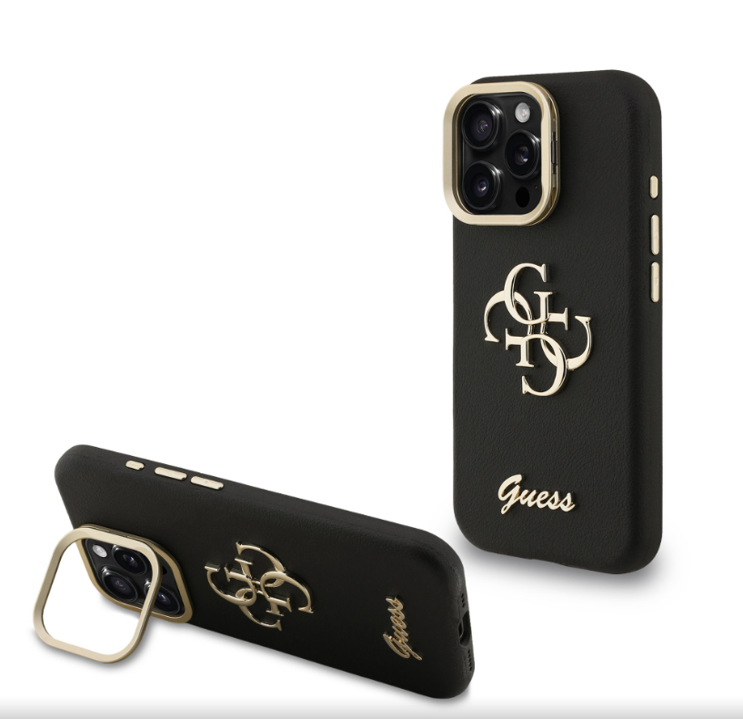 Guess PU Grained 4G Logo Stand Camera Frame kryt iPhone 15 Pro Max černý