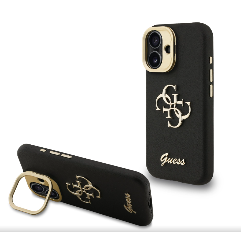 Guess PU Grained 4G Logo Stand Camera Frame kryt iPhone 16 černý