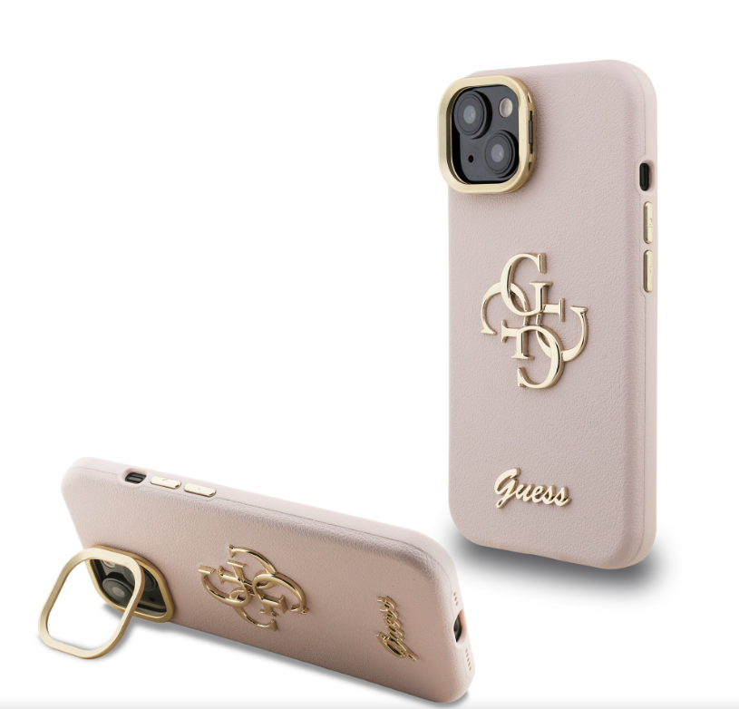 Guess PU Grained 4G Logo Stand Camera Frame kryt iPhone 15 růžový