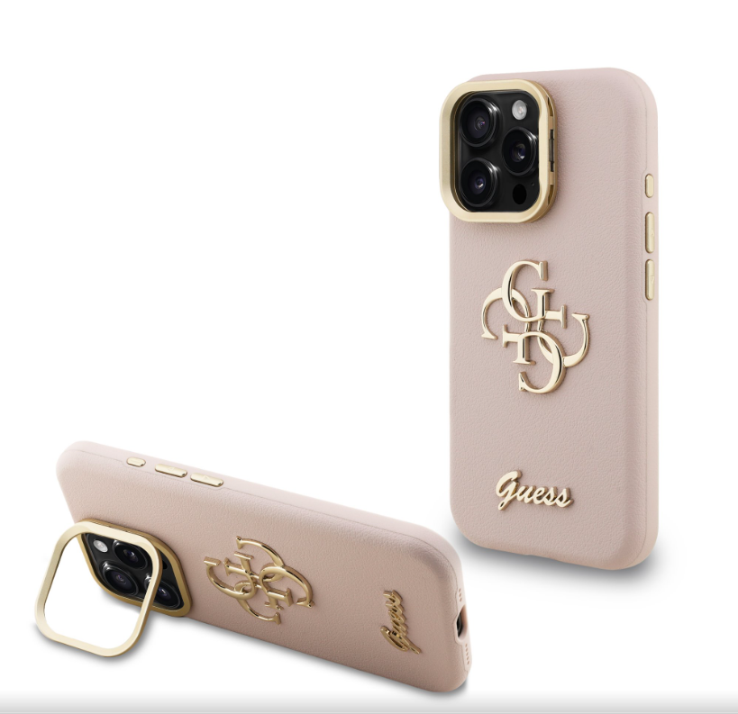 Guess PU Grained 4G Logo Stand Camera Frame kryt iPhone 15 Pro růžový