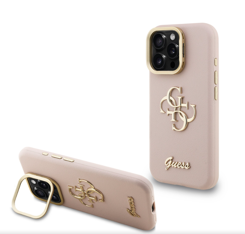 Guess PU Grained 4G Logo Stand Camera Frame kryt iPhone 15 Pro Max růžový