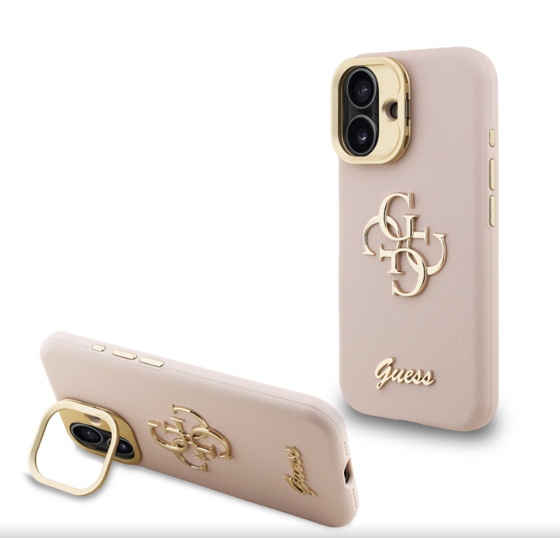 Guess PU Grained 4G Logo Stand Camera Frame kryt iPhone 16 růžový