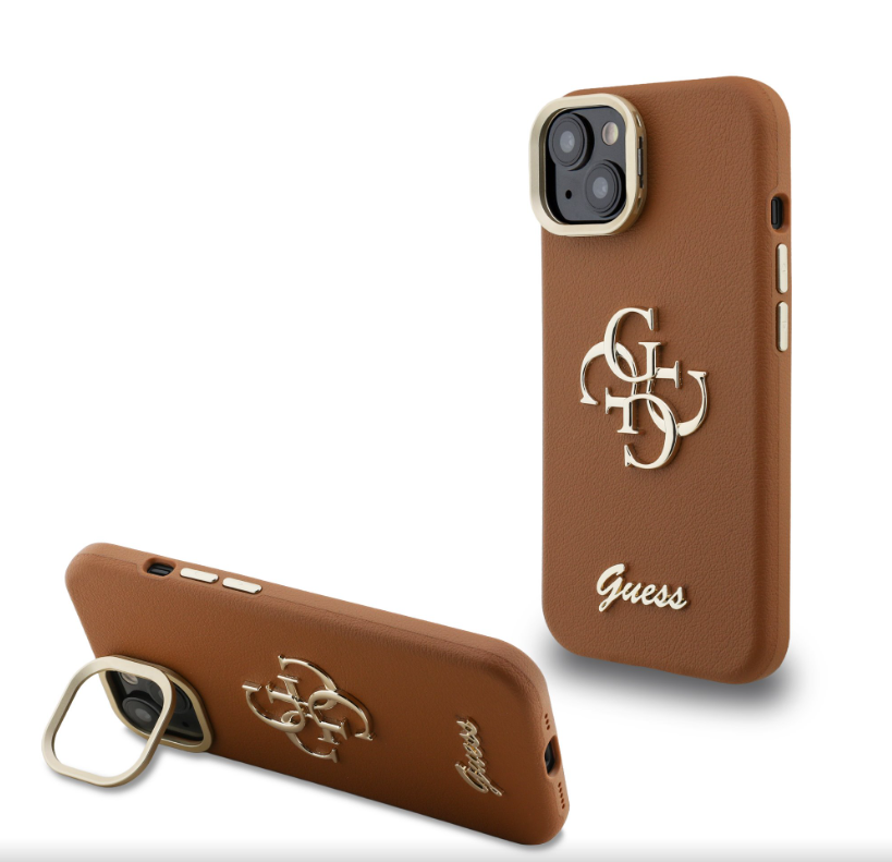 Guess PU Grained 4G Logo Stand Camera Frame kryt iPhone 14 hnědý