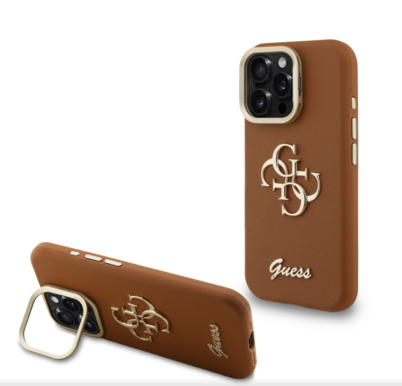 Guess PU Grained 4G Logo Stand Camera Frame kryt iPhone 15 Pro hnědý