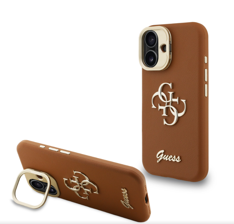 Guess PU Grained 4G Logo Stand Camera Frame kryt iPhone 16 hnědý
