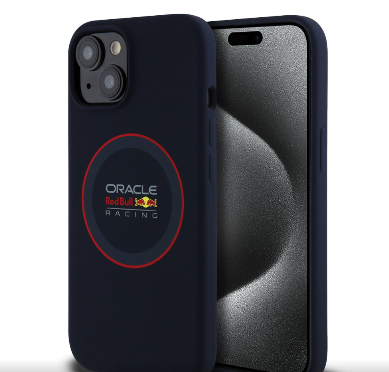 Oracle Red Bull Racing Silicone Red Ring MagSafe kryt iPhone 15 modrý