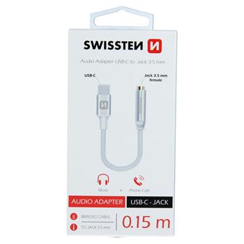 Audio adaptér Swissten Textile USB-C / 3,5 mm Jack (samice) 0,15 m – stříbrný