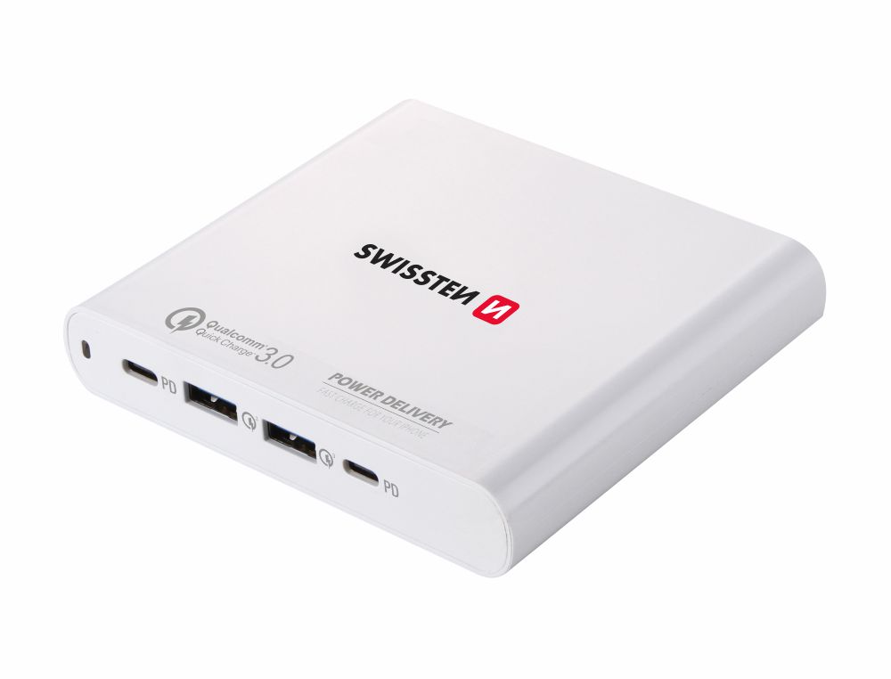 Síťový adaptér Swissten 87 W PD 3.0 & QC 3.0 PPS – 2× USB-C + 2× USB-A