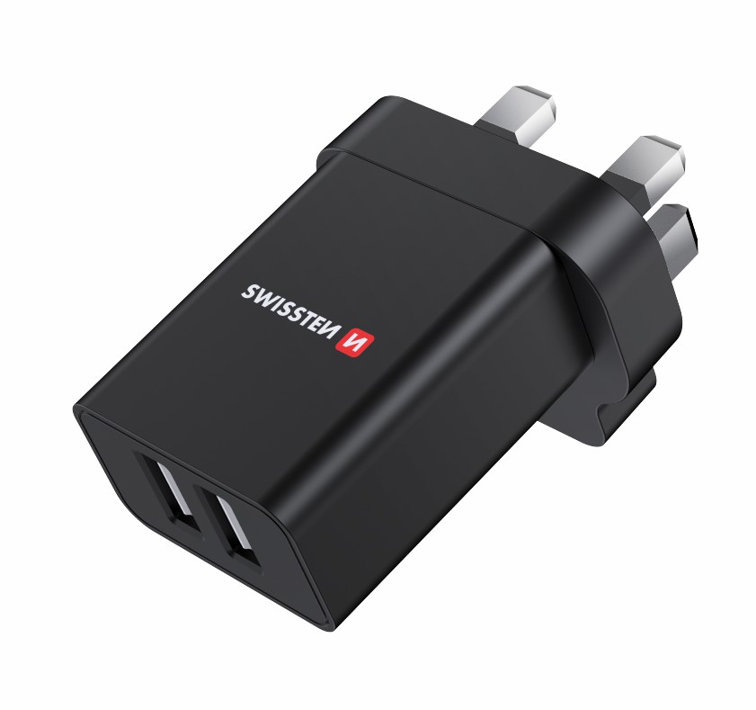 Síťový adaptér Swissten 2× USB 10,5 W Smart IC – UK zásuvka – černý