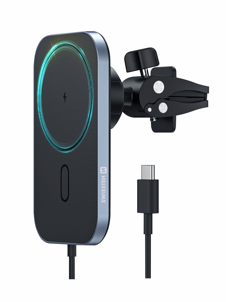 Levně Magnetický držák do ventilace auta Swissten s bezdrátovým nabíjením 15 W (MagSafe kompatibilní)