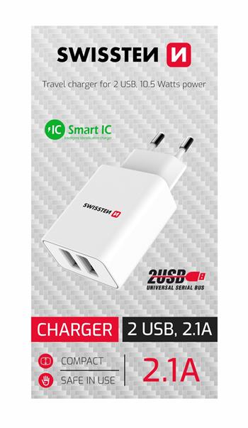 Swissten Síťový adaptér Smart IC 2x USB, 10 W, bílý