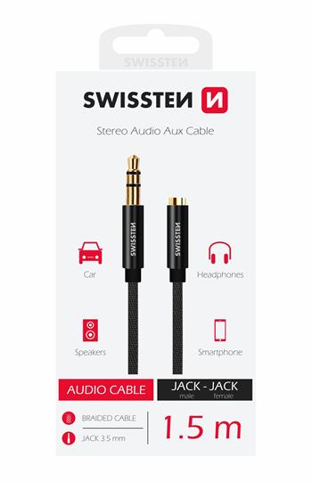 Audio kabel Swissten Textile 3,5 mm Jack (samec) – 3,5 mm Jack (samice) 1,5 m – černý