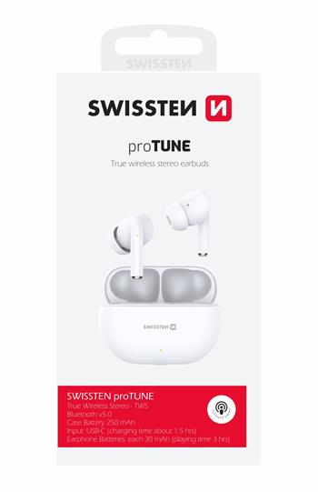 Bezdrátová sluchátka Swissten Pro Tune TWS – Bluetooth 5.0, bílá