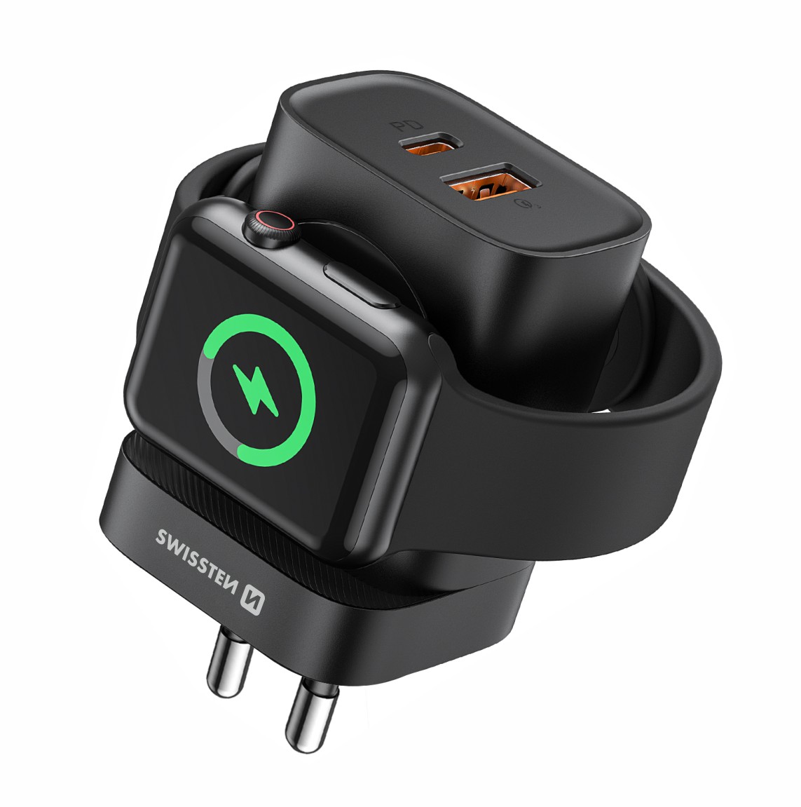 Levně Síťový adaptér Swissten USB-C + USB-A s bezdrátovým nabíjením Apple Watch – 20 W