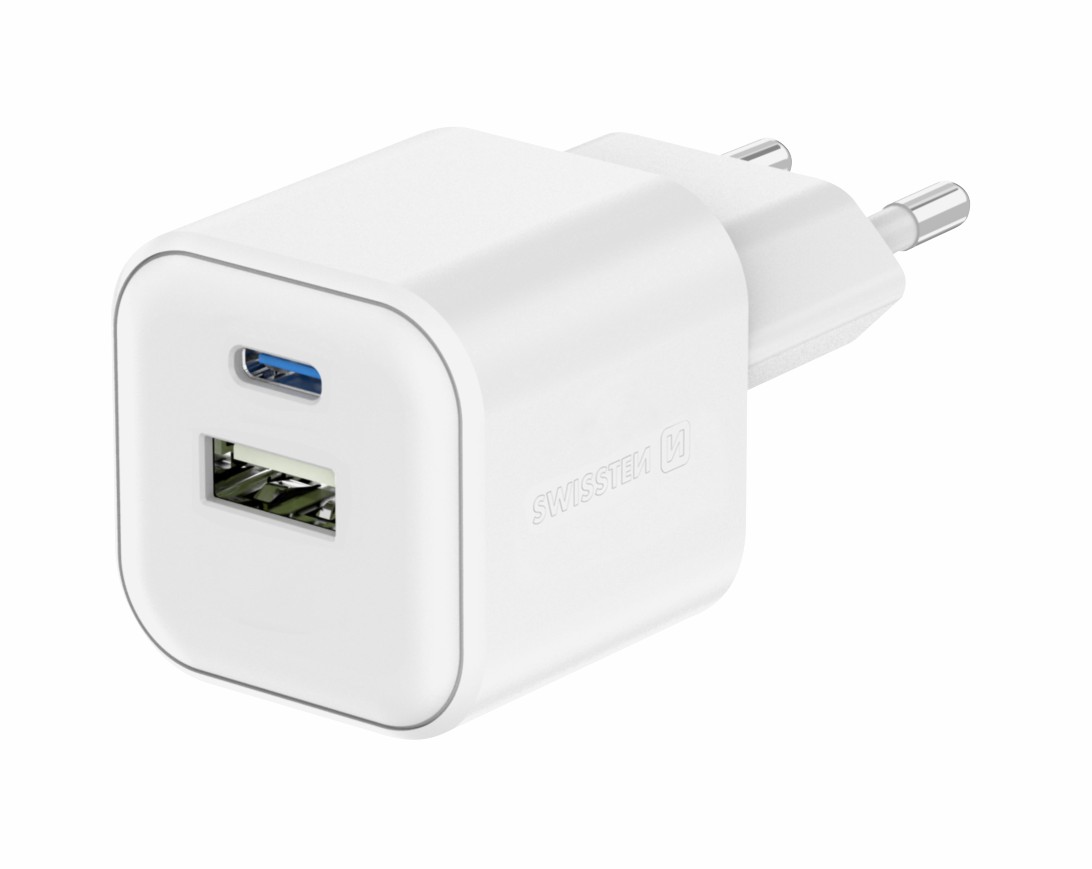 Síťový adaptér Swissten GaN 1× USB-C 20 W PD + 1× USB-A 18 W QC – bílý