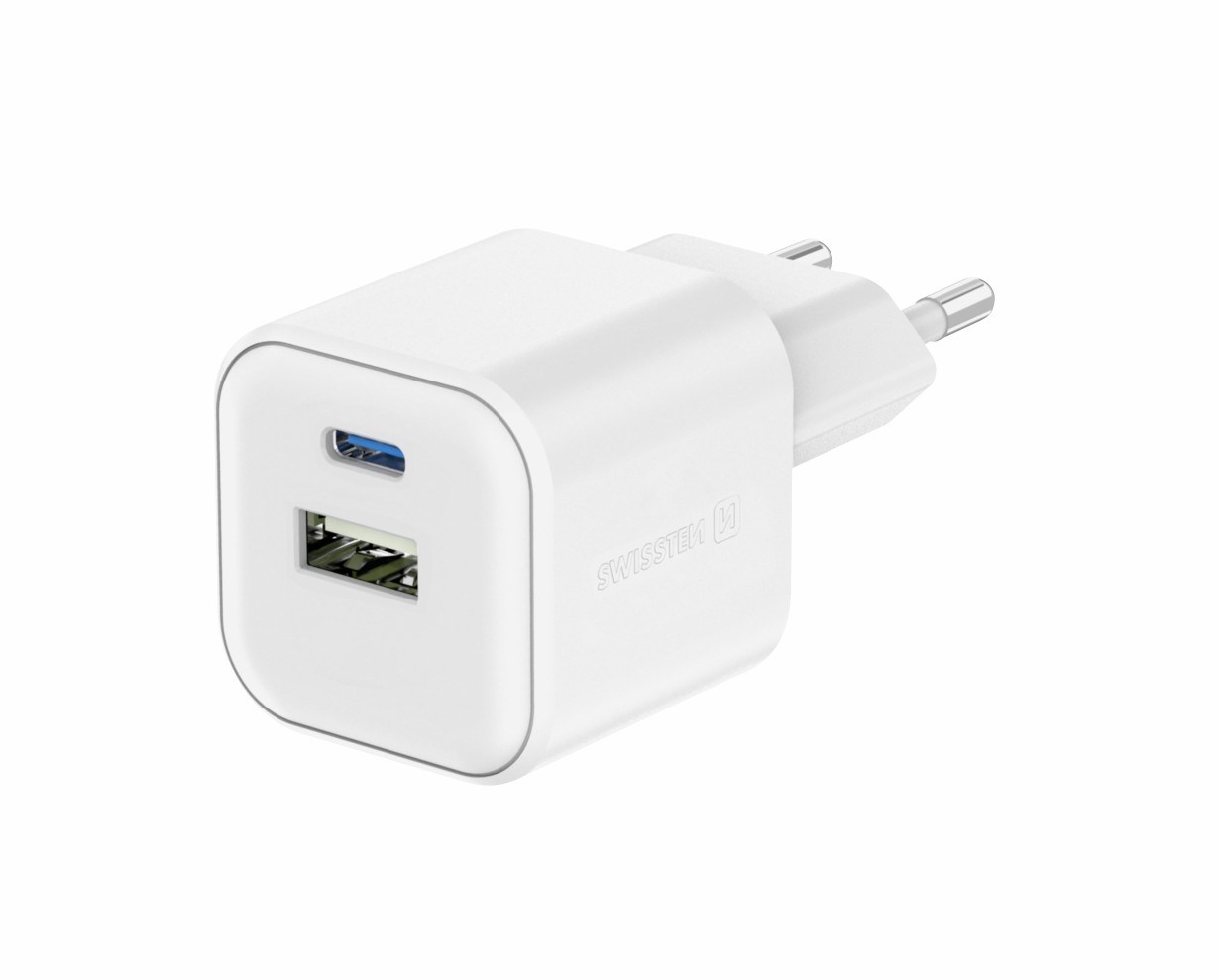 Swissten síťový adaptér GaN 1x USB-C 35W PD + 1x USB-A 27W QC bílý