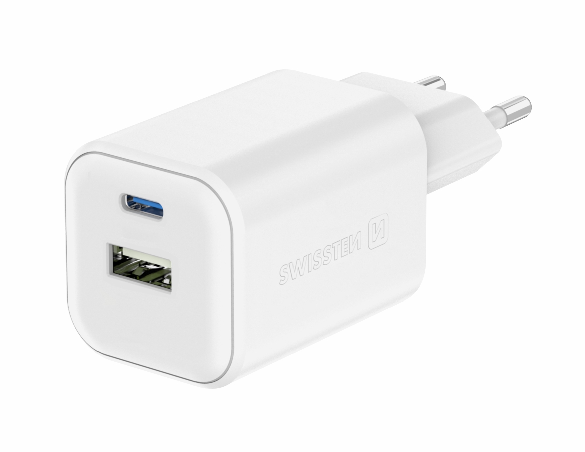 Swissten síťový adaptér GaN 1x USB-C 45W PD + 1x USB-A 18W QC bílý