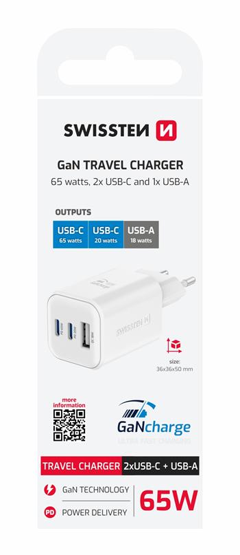 Swissten síťový adaptér GaN 2x USB-C 65W PD + 1x USB-A 18W QC bílý