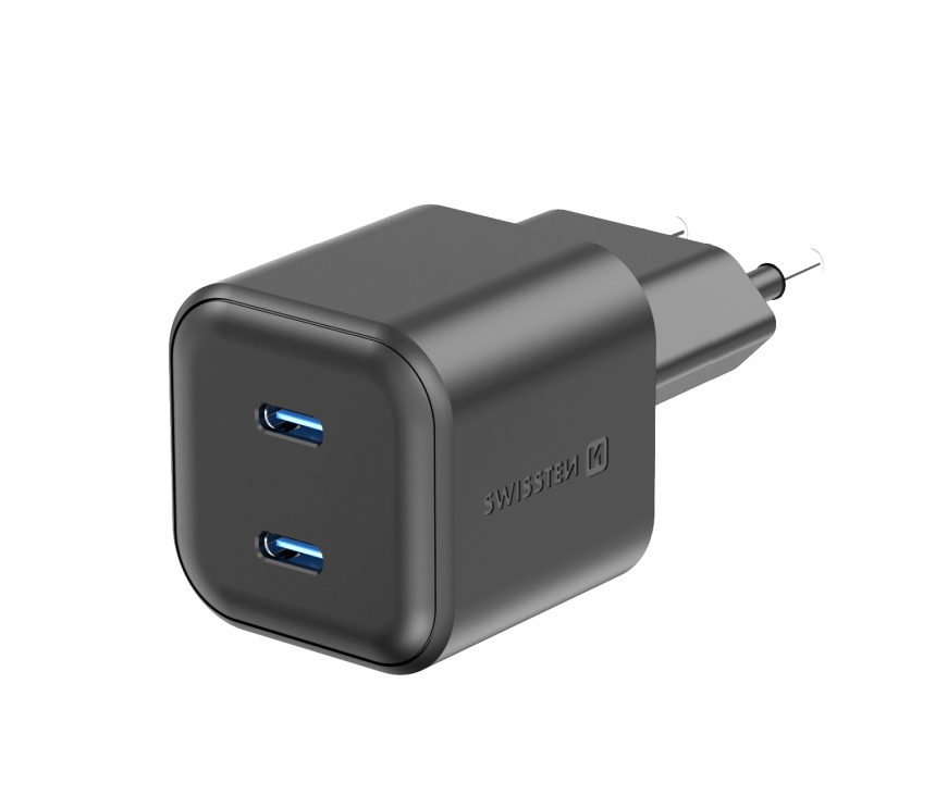Síťový adaptér Swissten GaN 2× USB-C 20 W Power Delivery – černý