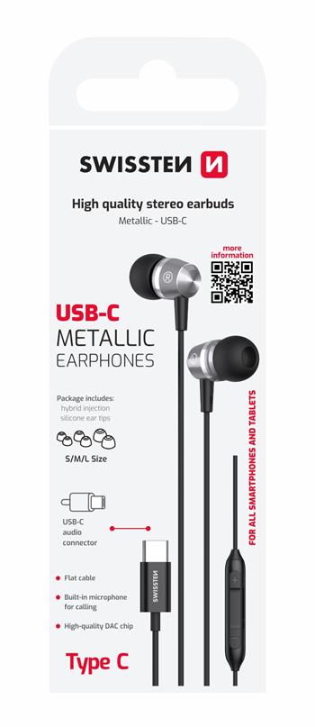 Sluchátka Swissten Metallic USB-C – kovová, černá