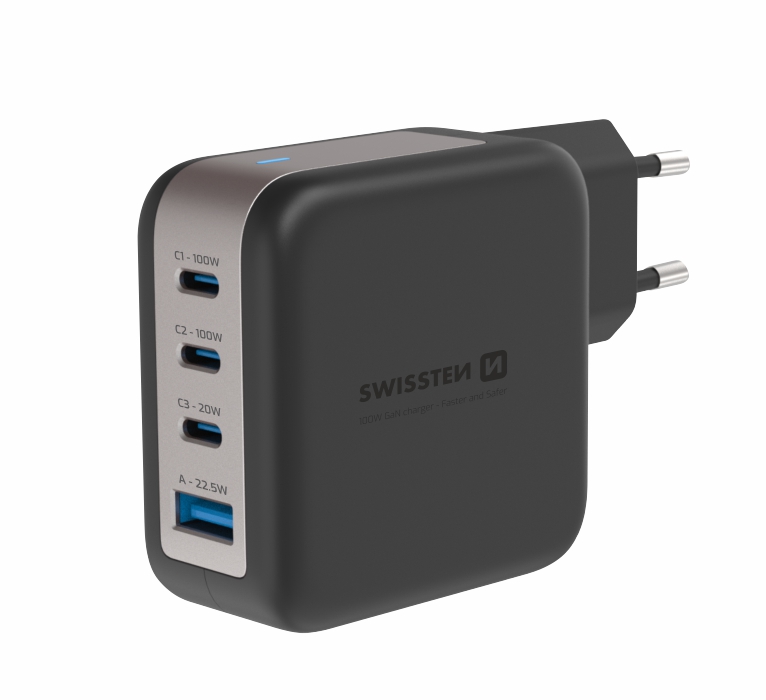 Síťový adaptér Swissten GaN 3× USB-C 100 W PD + 1× USB-A QC – černý