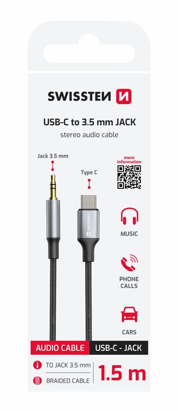 Audio adaptér Swissten Textile USB-C / 3,5 mm Jack 1,5 m – černý