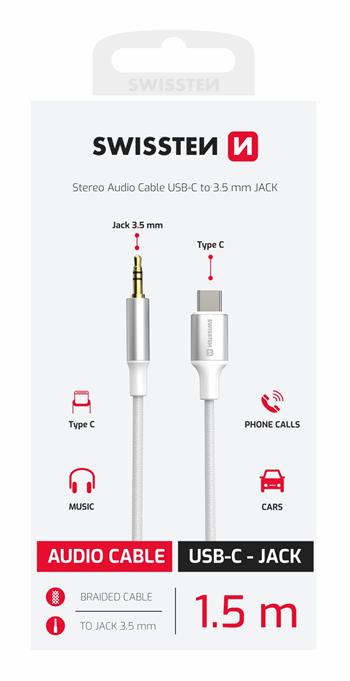 Audio adaptér Swissten Textile USB-C / 3,5 mm Jack 1,5 m – bílý