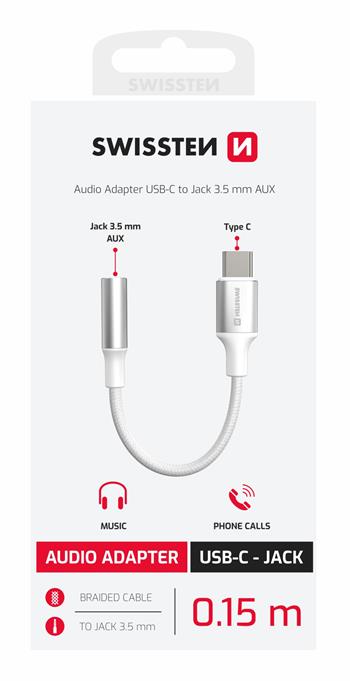 Audio adaptér Swissten Textile USB-C / 3,5 mm AUX 0,15 m – bílý