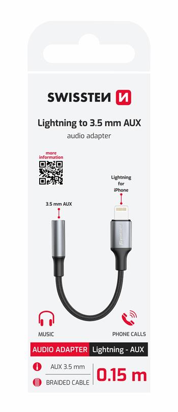 Audio adaptér Swissten Textile Lightning / 3,5mm AUX – 0,15 m, černý