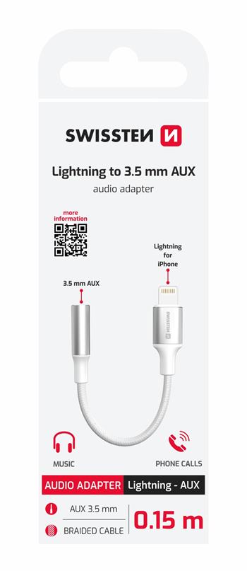 Audio adaptér Swissten Textile Lightning / 3,5mm AUX – 0,15 m, bílý