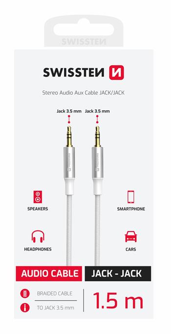 Audio kabel Swissten Textile 3,5 mm Jack (samec) – 3,5 mm Jack (samec) 1,5 m – bílý