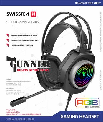 Herní sluchátka Swissten Gunner RGB – 50mm měniče, mikrofon, jack + USB