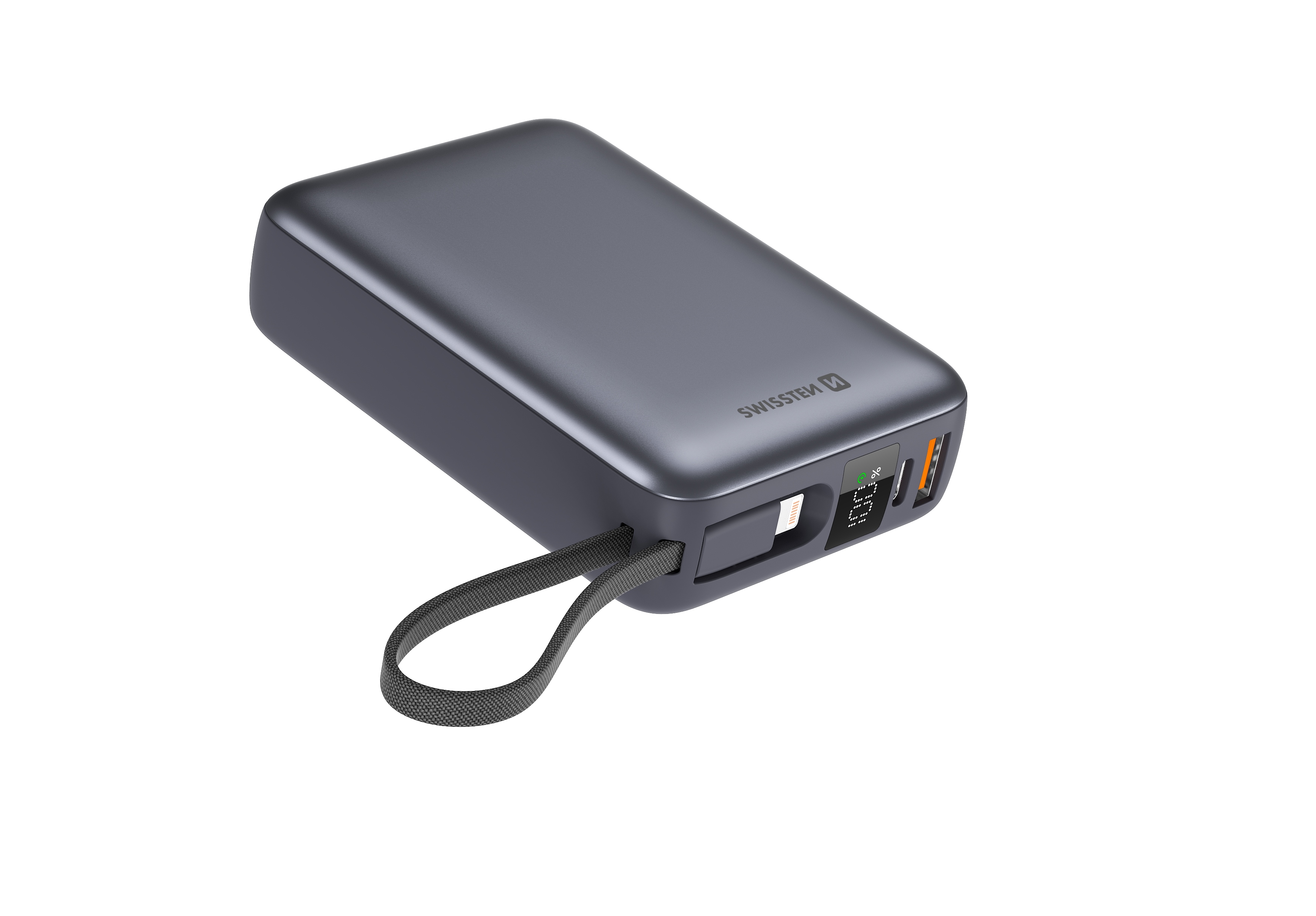 Powerbanka Swissten Space 20 000 mAh s integrovanými kabely USB-C + Lightning – stříbrná