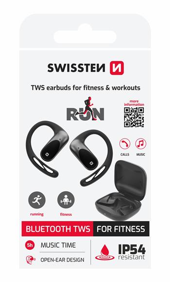 Bezdrátová sluchátka Swissten Run Open Ear TWS – Bluetooth 5.4, IP54, černá